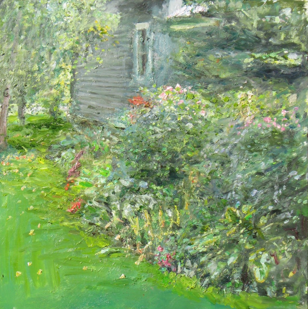 L & A's Garden with Neighbour's House, 2010, oil on board, 24 x 24 in, private collection.