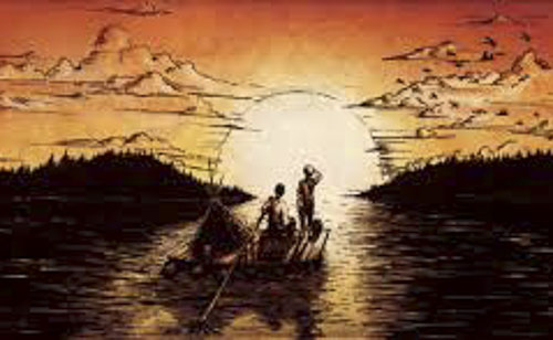 Huck Finn and Jim on the Mississippi drawing